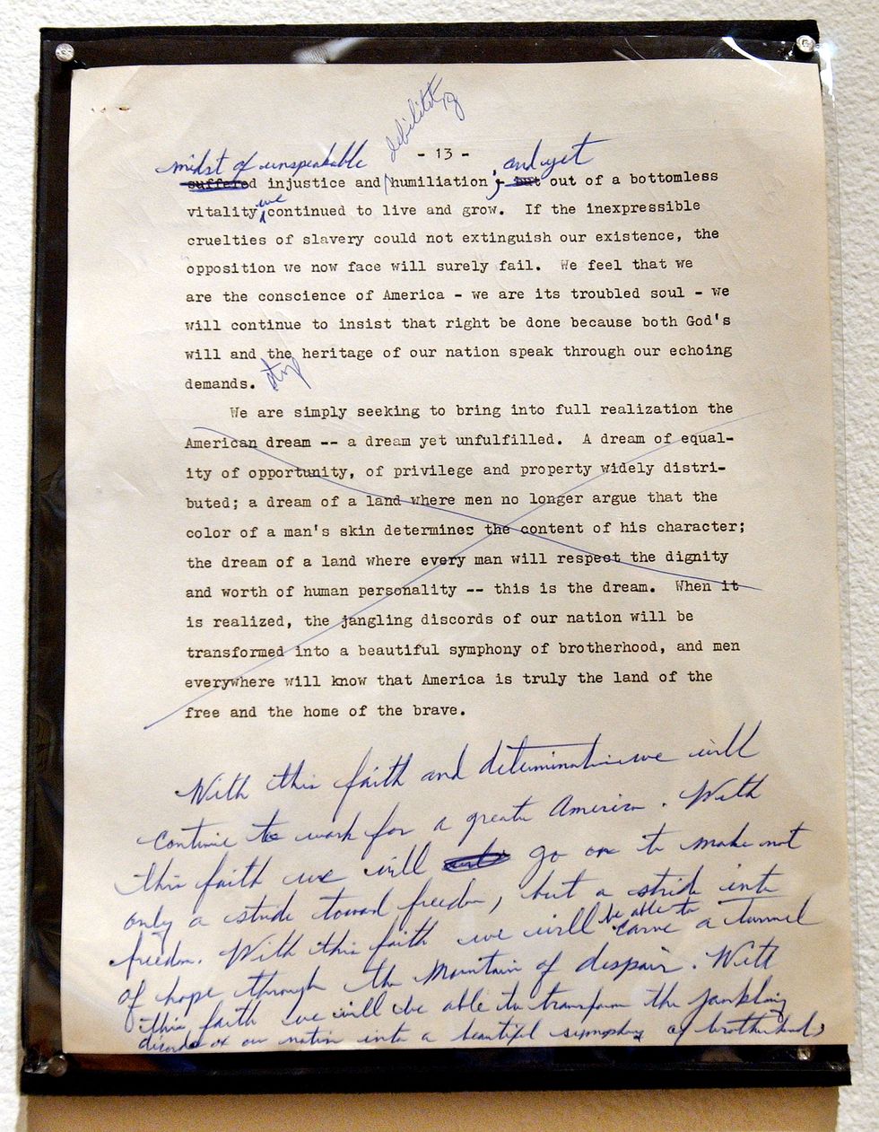 A draft of a Martin Luther King speech to the National Press Club with handwritten changes. The crossed-out section was to appear a year later in the "I Have A Dream Speech."