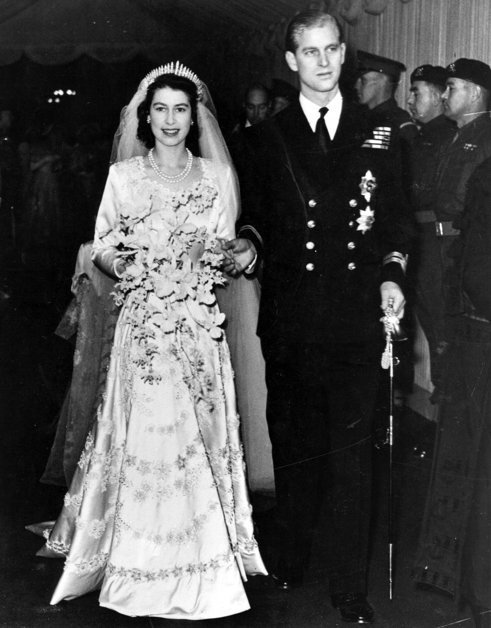 queen elizabeth ii, as princess elizabeth, and her husband the duke of edinburgh, styled prince philip in 1957, on their wedding day she became queen on her father king george vis death in 1952   photo by hulton archivegetty images