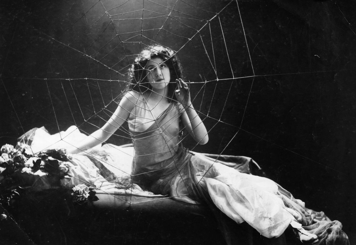 french actress and singer jeanne dirys aka jane dirys, aka jeanne iribe, 1886 1922 posing behind a large artificial spiders web, circa 1910 photo by léopold Émile reutlingerhulton archivegetty images