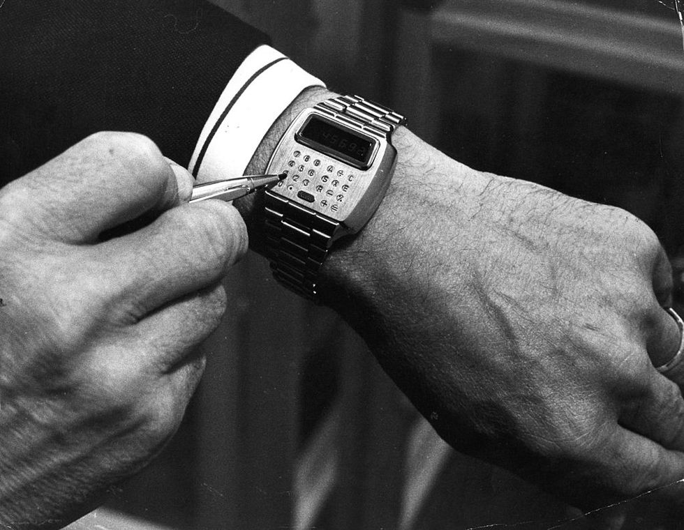the first combined computer calculator and wristwatch to be produced, known as pulsar, on show at the international watch and jewellery trades fair at wembley, london     photo by malcolm clarkegetty images