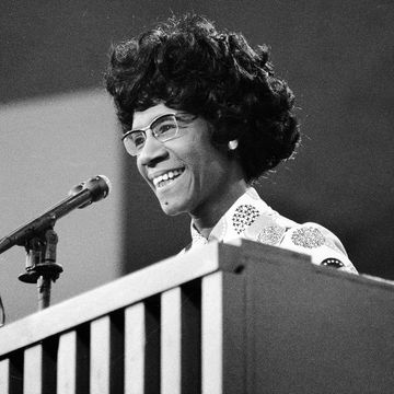 Shirley Chisholm speaks at a podium at the Democratic National Convention, Miami Beach, Florida, July 1972.
