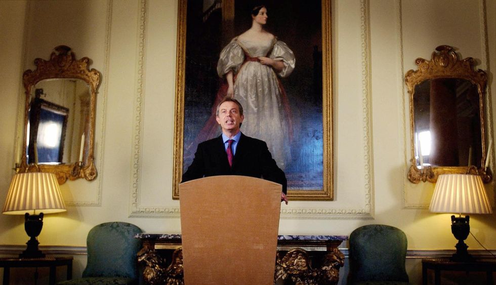 london, united kingdom  prime minister tony blair stands in front of the painting, augusta ada byron the countess of lovelace, by margaret carpenter during a press conference at 10 downing street, 14 december 2003, following the capture of saddam hussein blair said saddam had gone from power and wont be coming back speaking from downing street mr blair said the iraqi people would now decide on the future of the country  afp photopoolstefan rousseau  photo credit should read stefan rousseauafp via getty images