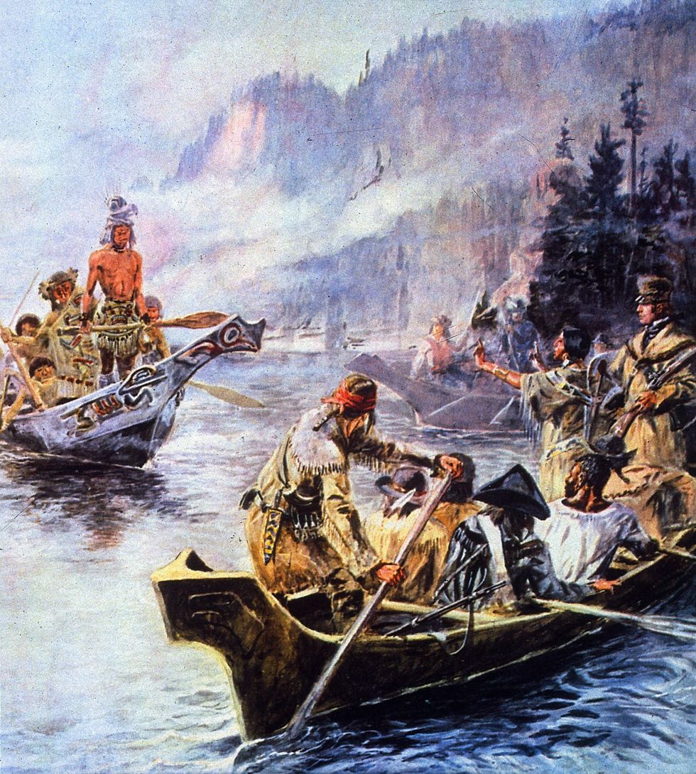 A painting depicting Sacajawea interpreting Lewis and Clark's intentions to the Chinook Native Americans
