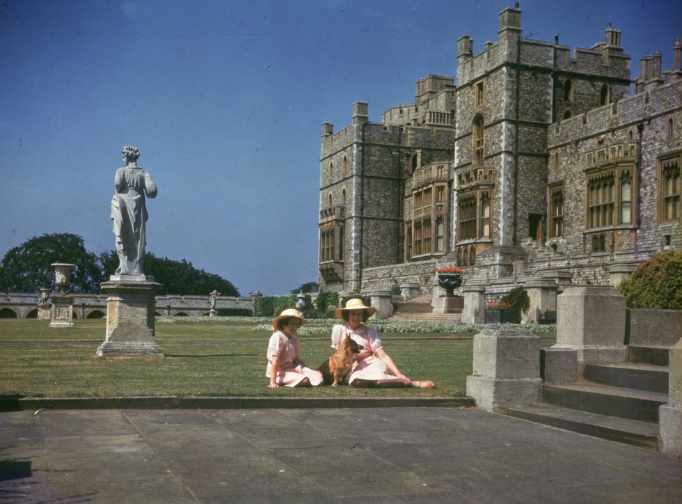 princesses  elizabeth  and margaret rose sunbathing outside windsor castle, berkshire