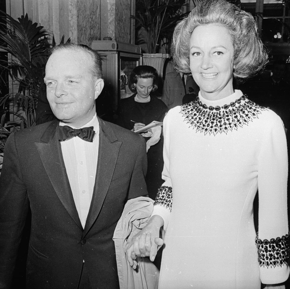 november 1966  american novelist, truman capote 1924   1984 at his black and white ball at the plaza hotel new york, with katherine graham 1917   2001, the publisher of the washington post  photo by harry bensonexpressgetty images