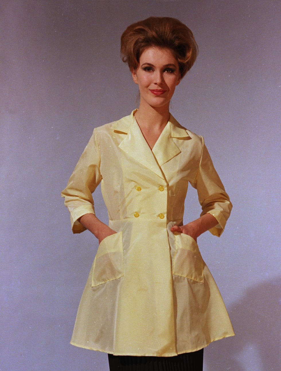 circa 1964  pale yellow nylon short overall, double breasted with fitted waist , patch pockets and three quarter length sleeves  photo by chaloner woodsgetty images