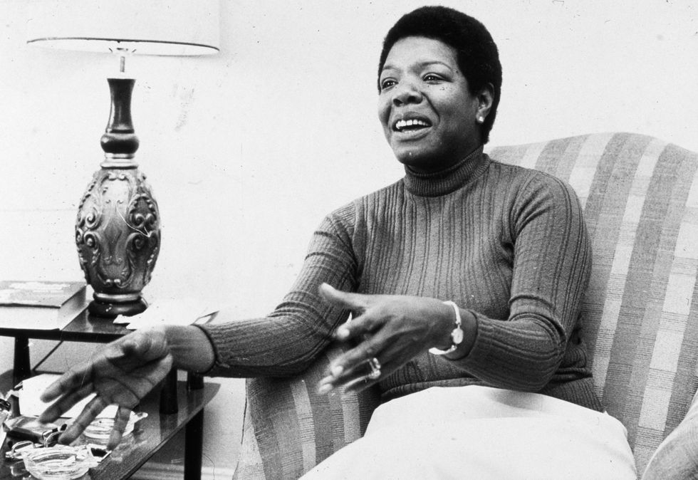 maya angelou gestures while speaking in a chair during an interview at her home in 1978