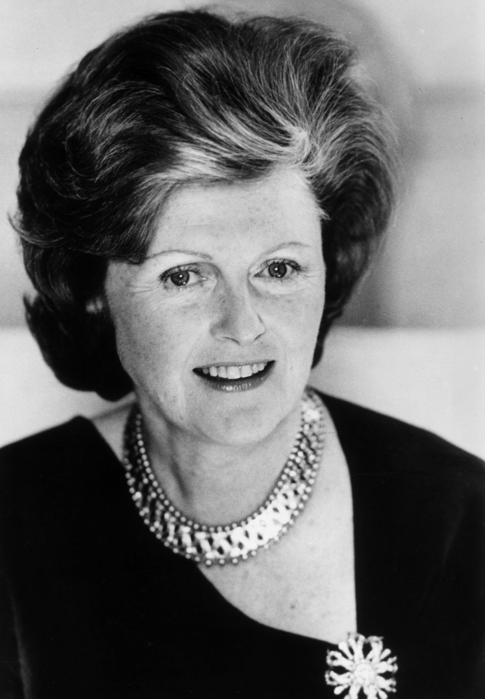 1977 headshot of british born socialite and diplomat pamela harriman wearing a necklace and brooch, taken at the time she was the director of braniff photo by diana h walkerhulton archivegetty images