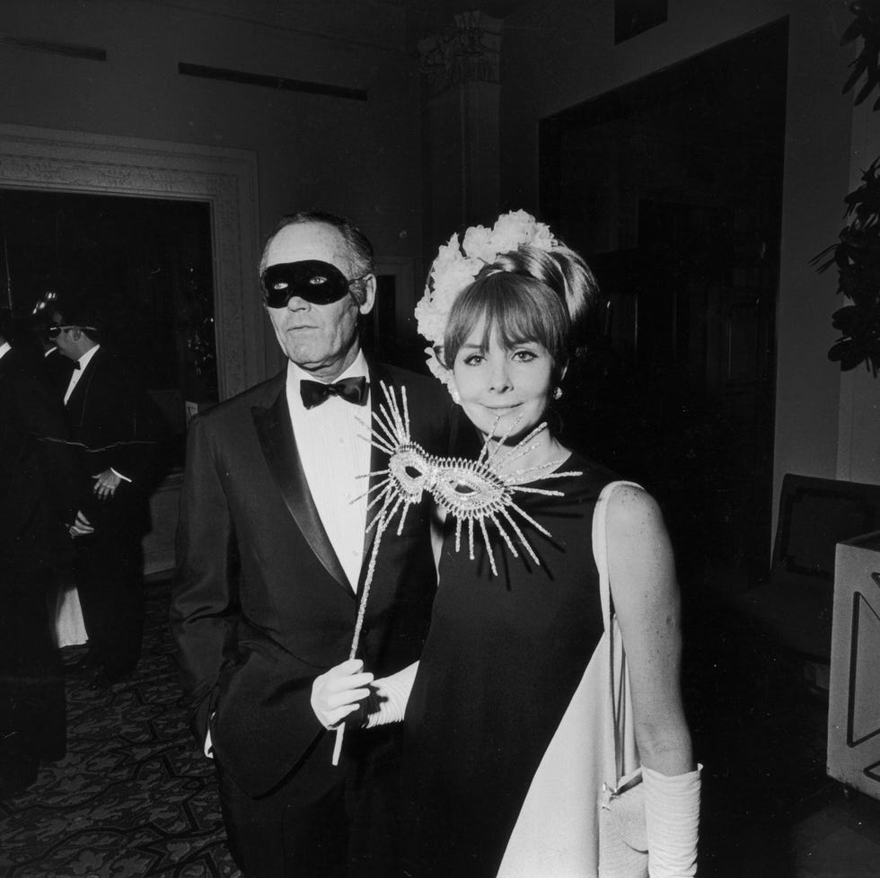 28th november 1966  american actor henry fonda 1905   1982 and his fifth wife, shirlee mae adams, at truman capotes black and white ball in the grand ballroom of the plaza hotel, new york city they are dressed formally and carry eyemasks  photo by harry bensonexpressgetty images