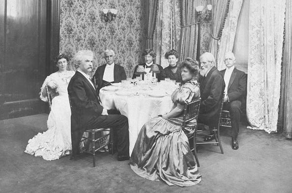 5th december 1905: american writer mark twain (1835 1910) (left) and his party sitting around a dining table at delmonicos restaurant to celebrate his 70th birthday, northeast corner of fifth avenue and 44th street, new york city. (photo by museum of the city of new york/byron collection/getty images)