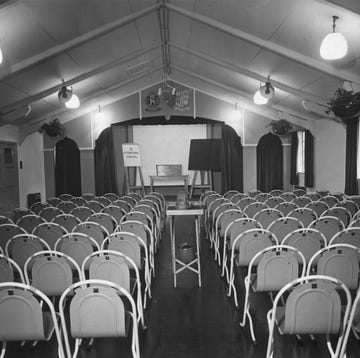 27th october 1954 the main hall is set out ready for a lecture in the civil defence centre in london, photo by monty frescotopical press agencygetty images