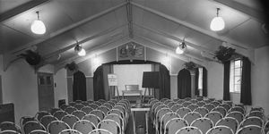 27th october 1954 the main hall is set out ready for a lecture in the civil defence centre in london, photo by monty frescotopical press agencygetty images