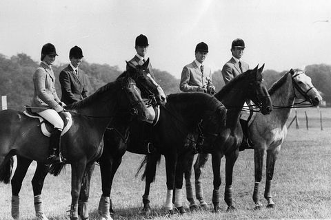 8th july 1976  the british equestrian team at the montreal olympics  from left lucinda prior palmer, princess anne, richard meade, hugh thomas and captain mark phillips  photo by central pressgetty images