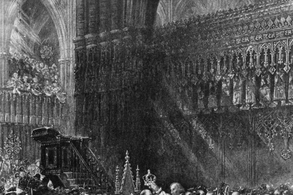 9th august 1902 edward vii being crowned during the coronation ceremony in westminster abbey, london photo by hulton archivegetty images