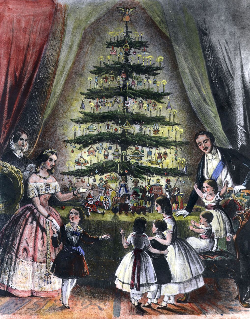 In december 1848 was op deze illustratie te zien hoe koningin Victoria prins Albert en hun kinderen een opgetuigde kerstboom bewonderen Sindsdien deden talloze varianties van deze afbeelding de ronde waardoor het feestelijk gebruik in de hele wereld aansloeg