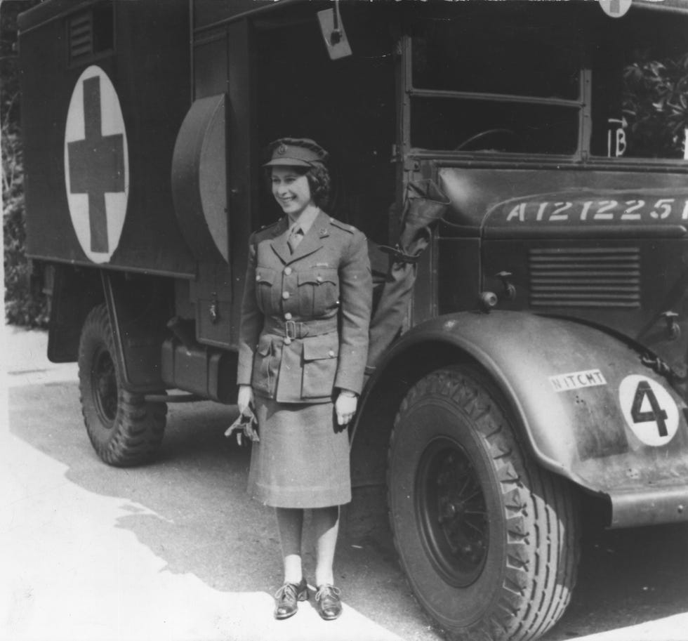 1945 princess elizabeth, standing by an auxiliary territorial service first aid truck wearing an officers uniform photo by keystonegetty images