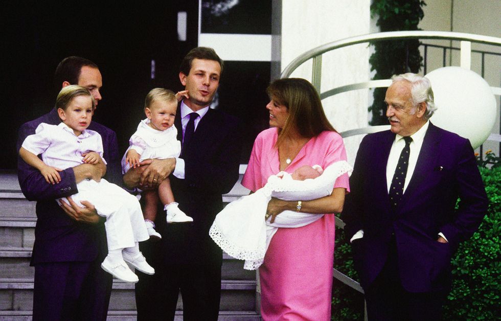 monte carlo   1987  prince rainier iii of monaco poses for the birth of princess carolines baby pierre casiraghi as prince albert stands with her other son andrea and husband stefano casiraghi stands with daughter charlotte at the princess grace hospital in 1987 in monte carlo, monaco photo by michel dufourwireimage