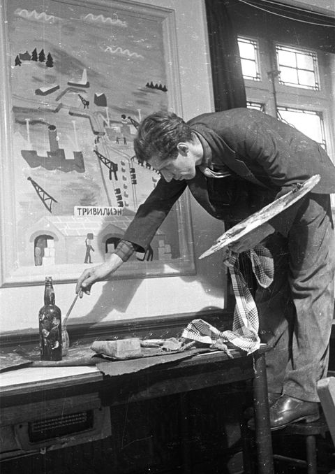 6th november 1943  artist julian trevelyan works on a mural to decorate a restaurant in hammersmith, london original publication picture post   1571   artists decorate a british restaurant   pub 1943  photo by kurt huttonpicture postgetty images