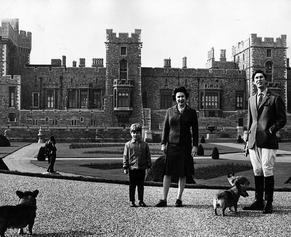 april 1969 charles, prince of wales right, queen elizabeth ii and prince edward left in the grounds of windsor castle, berkshire with their corgi dogs photo by keystonehulton archivegetty images