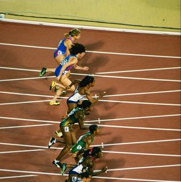 27 jul 1996 gail devers of the usa running in the womens 100m finals during the 1996 olympic games in the olympic stadium in atlanta, georgia gail devers won the gold medal in the womens 100m mandatory credit pascal rondeau allsport