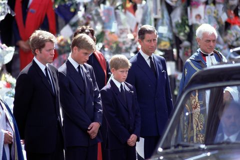 funeral of diana, princess of wales   l r earl spencer prince charles prince william harry and prince charles stand alongside the hearse containing the coffin of diana after the funeral service at westminster abbey photo by jeff oversbbc news  current affairs via getty images