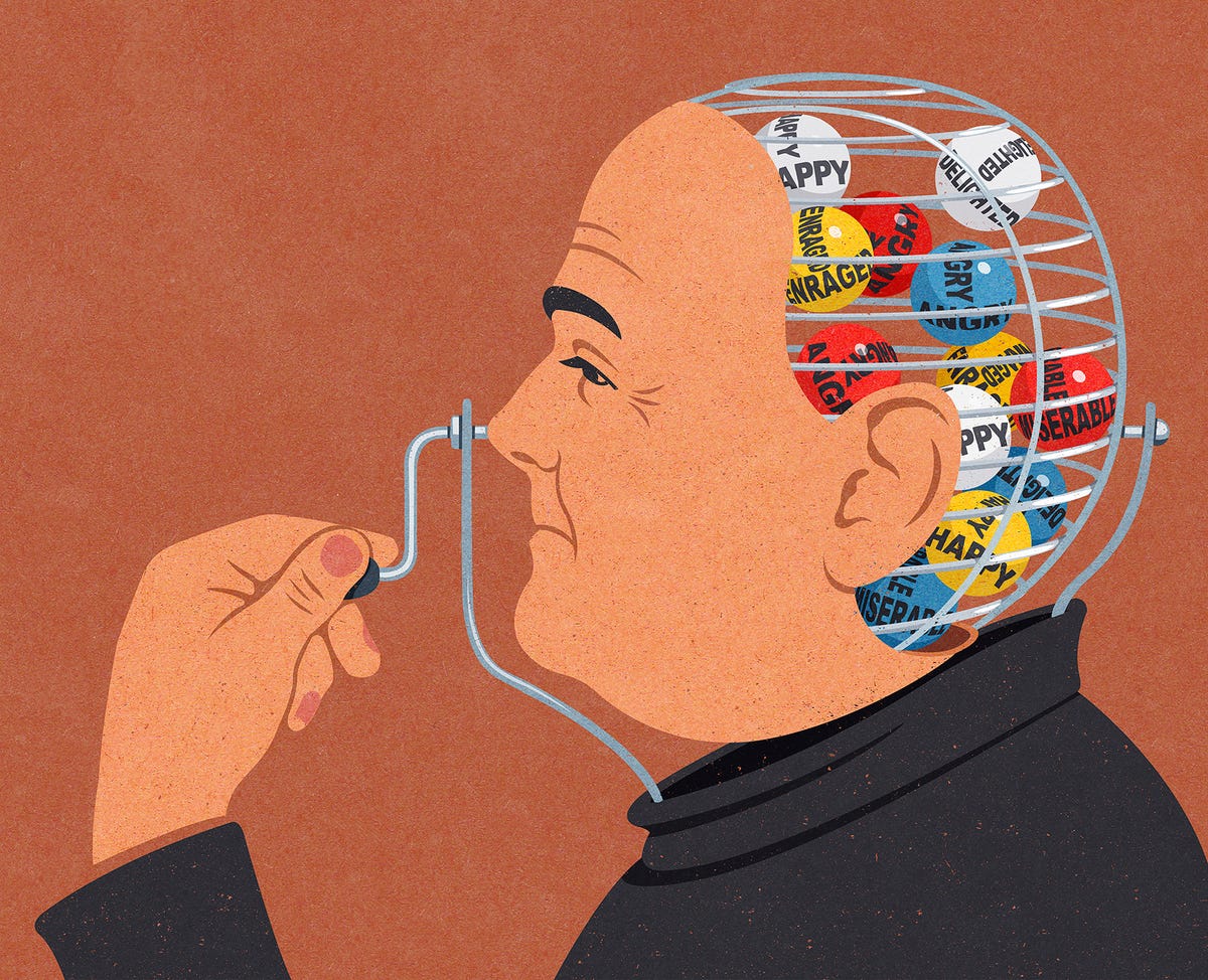 Man turning crank on different emotions inside of lottery ball cage head