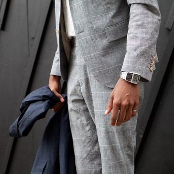 london, england   june 15 milliner la touche wears a topman suit and jacket, casio watch, lee t shirt and braces on day 1 of london collections men on june 15, 2014 in london, england  photo by kirstin sinclairgetty images