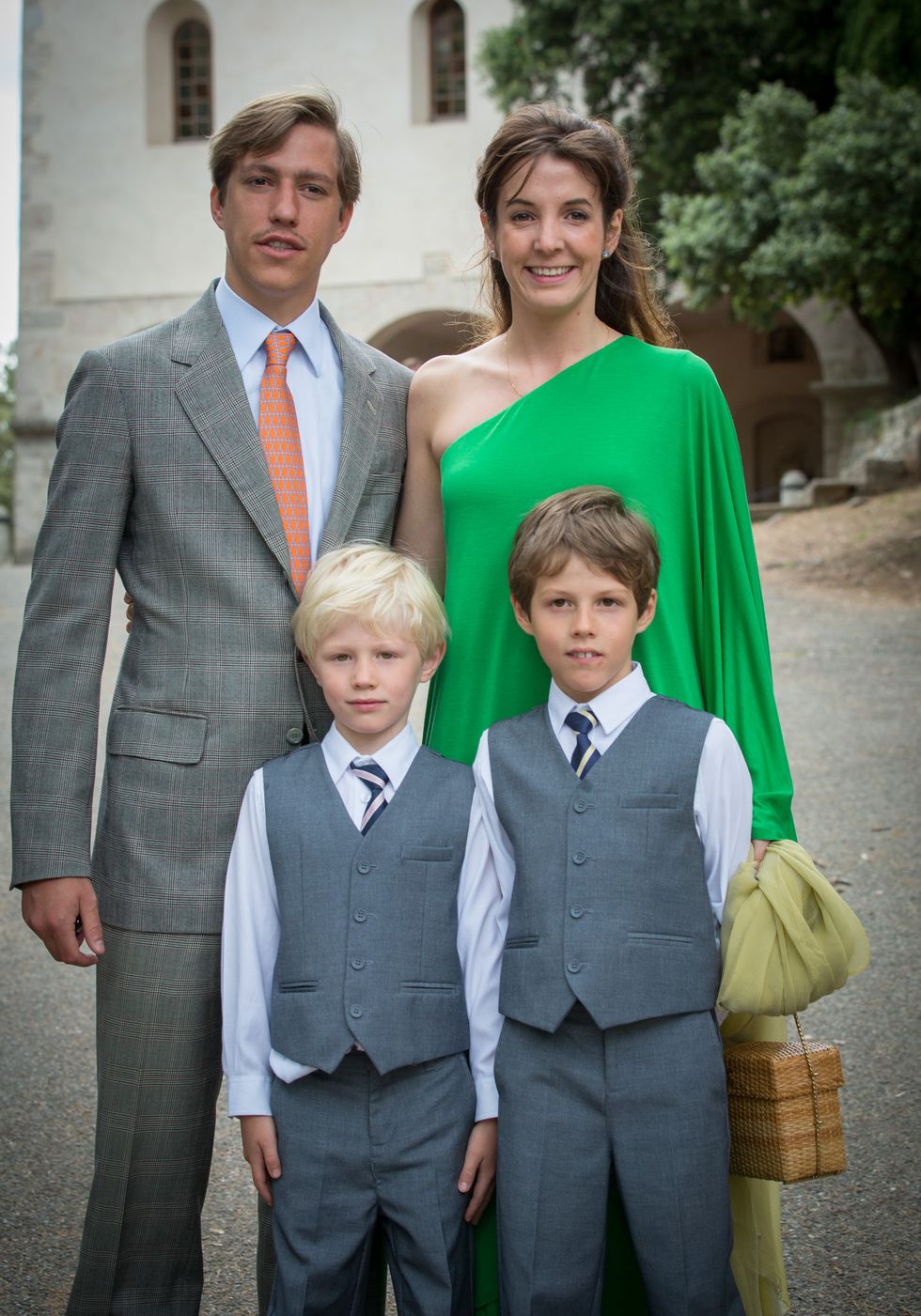 lorgues, france   july 12  prince louis and princess tessy of luxembourg with their children pose after the christening ceremony of princess amalia at the saint ferreol chapel in lorgues on july 12, 2014 in lorgues, france  photo by didier baverelgetty images
