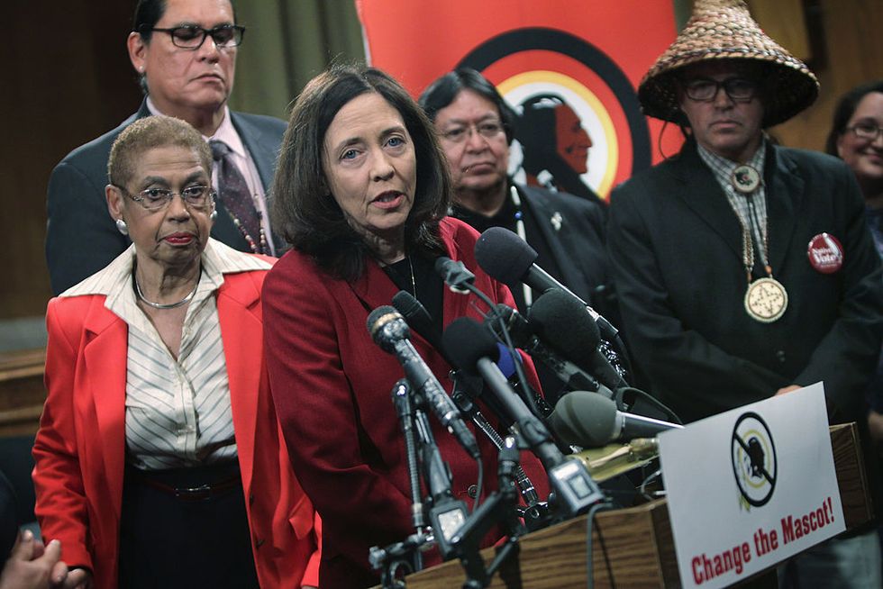 washington, dc   september 16  us sen maria cantwell d wa 3rd l speaks as del eleanor holmes norton d dc l, and national congress of american indians ncai president brian cladoosby 5th l listen during a news conference september 16, 2014 on capitol hill in washington, dc the group change the mascot held a news conference to announce new initiatives for the 2014 2015 nfl season to change the name of the washington football team the redskins  photo by alex wonggetty images