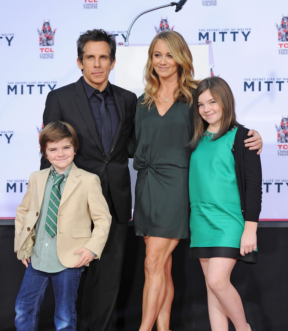 hollywood, ca   december 03  actor ben stiller, his wife actress christine taylor and their children quinlin stiller l and ella stiller r attend the hand and footprint ceremony honoring ben stiller held at tcl chinese theatre on december 3, 2013 in hollywood, california photo by axellebauer griffinfilmmagic