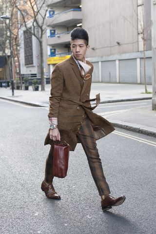 Photograph, Street fashion, Clothing, Brown, Fashion, Snapshot, Footwear, Standing, Suit, Overcoat, 