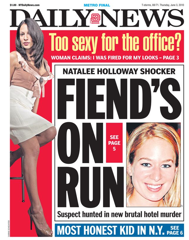the front page of a newspaper features an photo of a smiling blonde woman with the headline natalee holloway shocker fiends on run