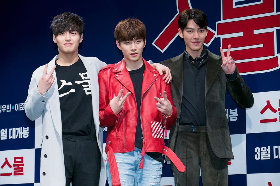 seoul, south korea   february 12  l r south korean actors kang ha neul, lee junho junho of south korean boy band 2pm and kim woo bin attend the press conference for twenty at cgv on february 12, 2015 in seoul, south korea the film will open on march in south korea  photo by han myung guwireimage