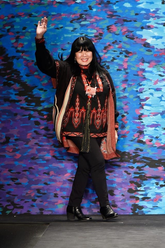 new york, ny february 18 designer anna sui poses on the runway at the anna sui fashion show during mercedes benz fashion week fall at the theatre at lincoln center on february 18, 2015 in new york city photo by slaven vlasicgetty images for mercedes benz fashion week