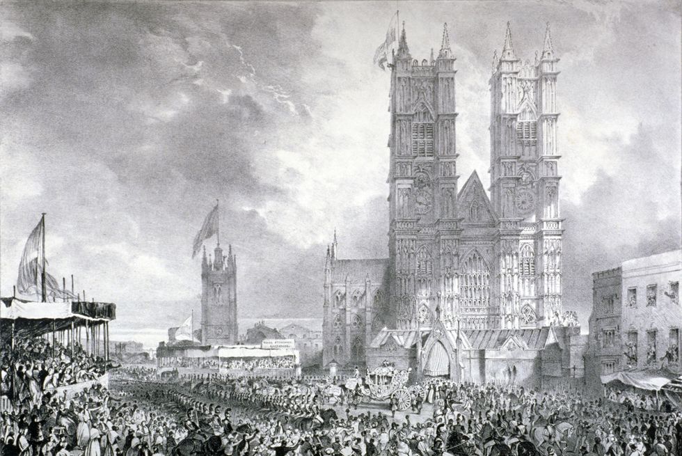 westminster abbey, london, 1837 view of the west front of westminster abbey during the coronation procession of queen victoria photo by guildhall library art galleryheritage imagesgetty images