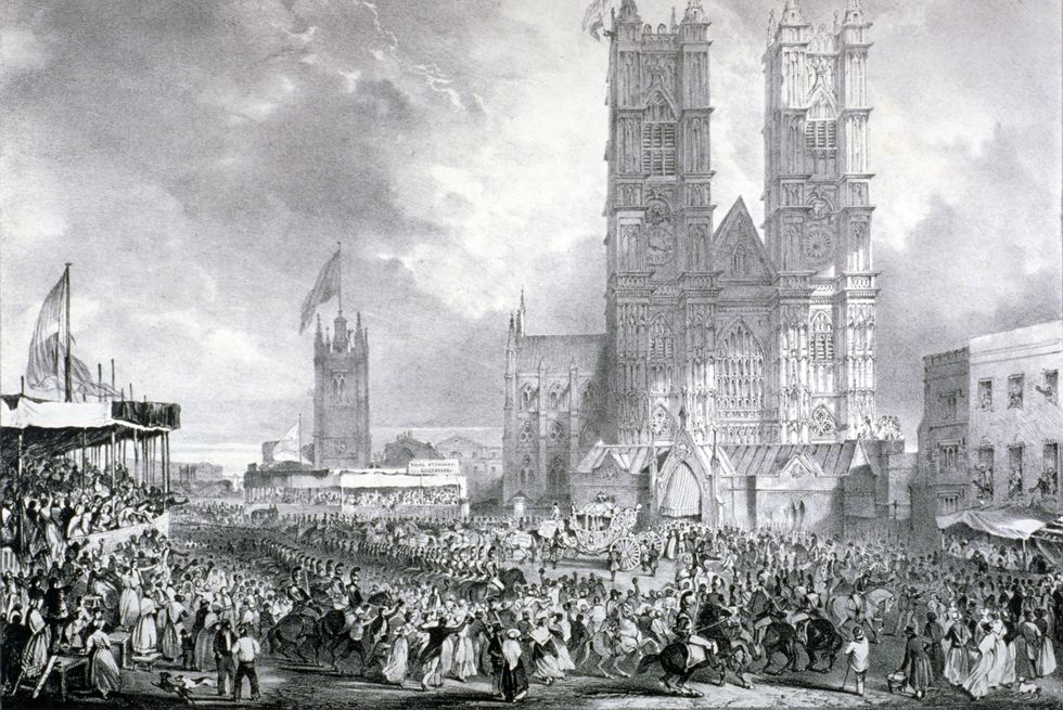 westminster abbey, london, 1837 view of the west front of westminster abbey during the coronation procession of queen victoria photo by guildhall library art galleryheritage imagesgetty images