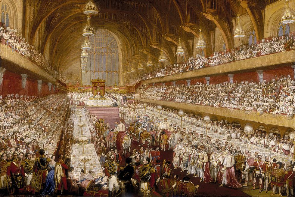the coronation banquet of king george iv in westminster hall, 1821 the two rows of tables on either side of the hall were occupied by peers the peeresses and gentry were seated in the two tiers above, and did not take part in the banquet itself the king sits at the top table, with men on horseback including a knight in armour in the central aisle the medieval hall was a centre of london life and still stands today photo by museum of londonheritage imagesgetty images