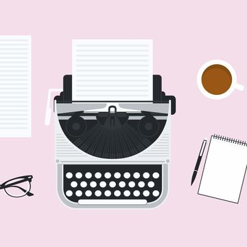illustration of a typewriter, glasses, pen and paper and cup of tea on a pink background