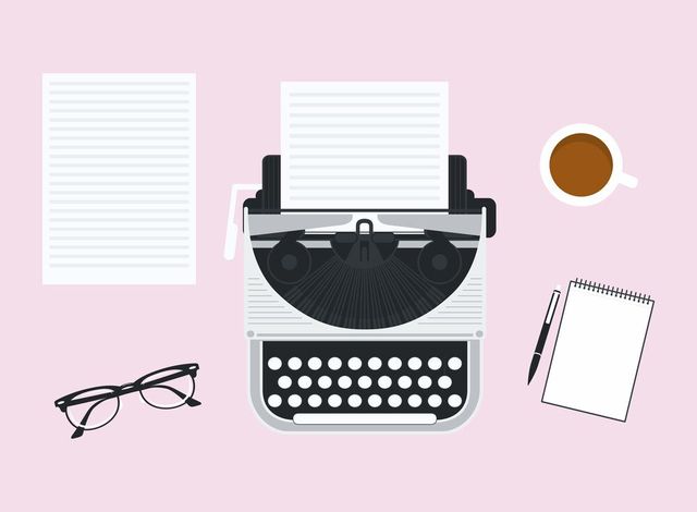 illustration of a typewriter, pen and paper, glasses and cup of tea on a pink background