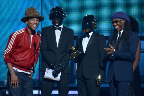 los angeles, ca   january 26  l r recording artists pharrell williams, daft punk and nile rodgers accept the best pop duogroup performance award for get lucky onstage during the 56th grammy awards at staples center on january 26, 2014 in los angeles, california  photo by larry busaccawireimage