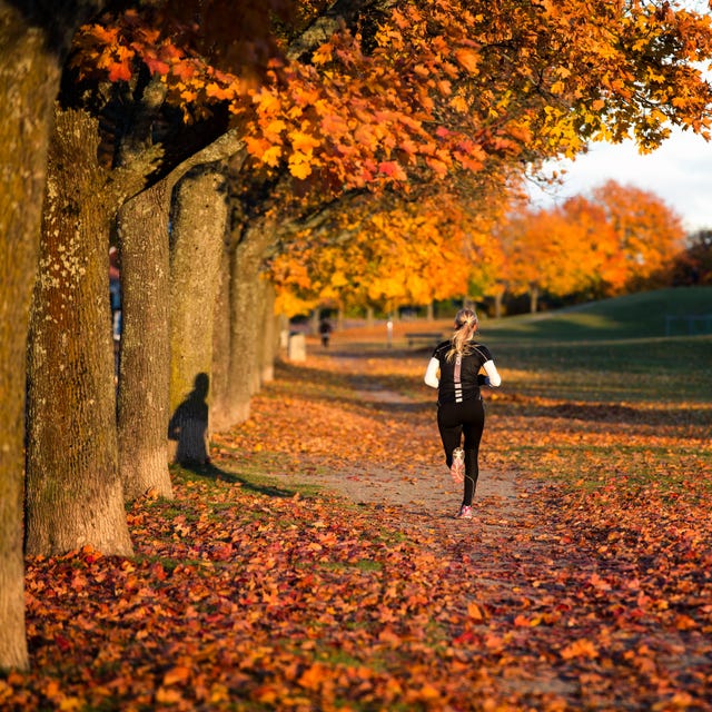 een vrouw is aan het hardlopen in de herfst