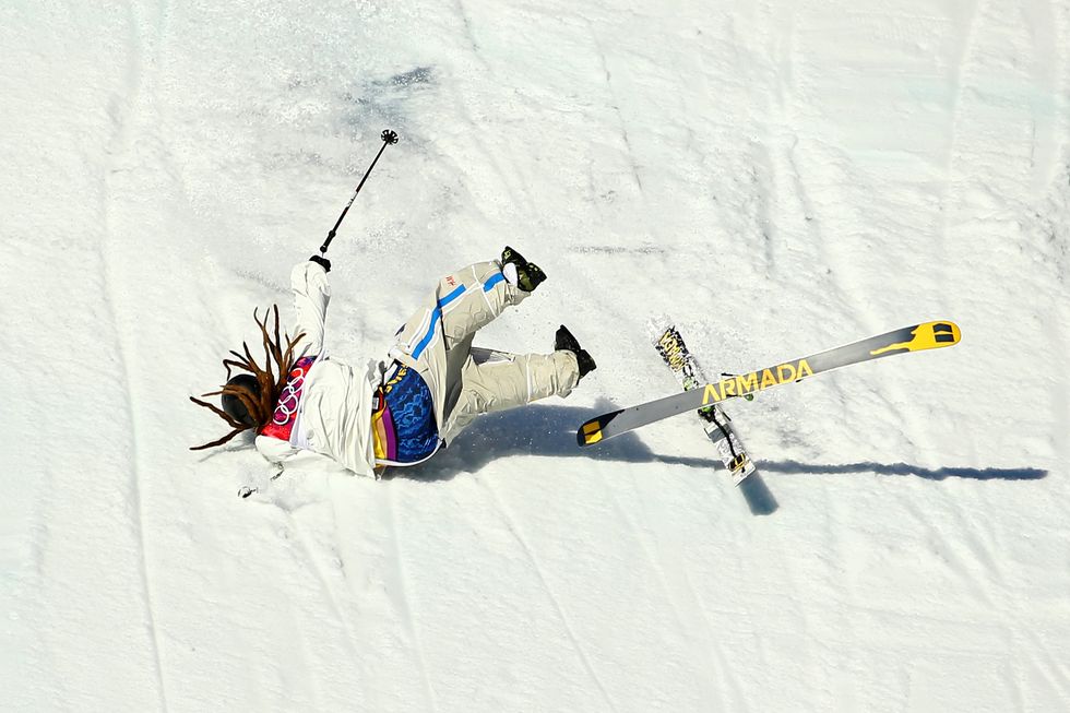 sochi, russia   february 13  henrik harlaut of sweden falls while competing in the freestyle skiing mens ski slopestyle qualification during day six of the sochi 2014 winter olympics at rosa khutor extreme park on february 13, 2014 in sochi, russia  photo by al bellogetty images