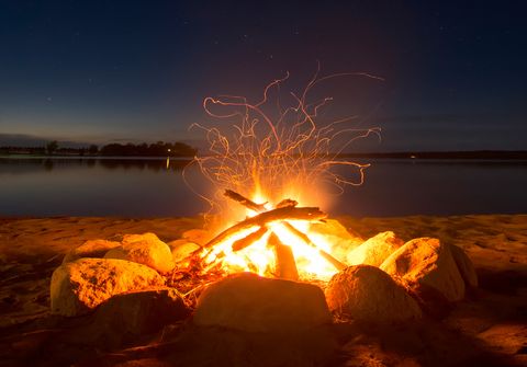 Campfire, Bonfire, Fire, Heat, Flame, Sky, Light, Night, Geological phenomenon, Rock, 