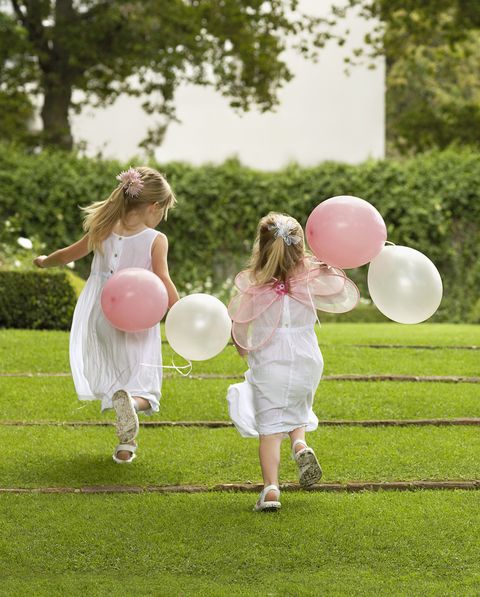 People in nature, Photograph, Pink, Child, Balloon, Party supply, Grass, Lawn, Dress, Fun, 