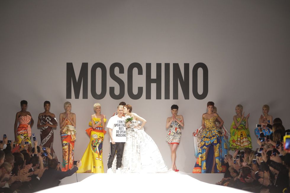 milan, italy february 20 designer jeremy scott and models walk the runway during moschino show as part of milan fashion week womenswear autumnwinter 2014 on february 20, 2014 in milan, italy photo by victor boykowireimage