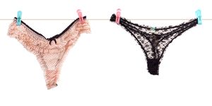 Assorted sexy lingerie, the secret weapon in many women's drawer, hanging on the line to dry.