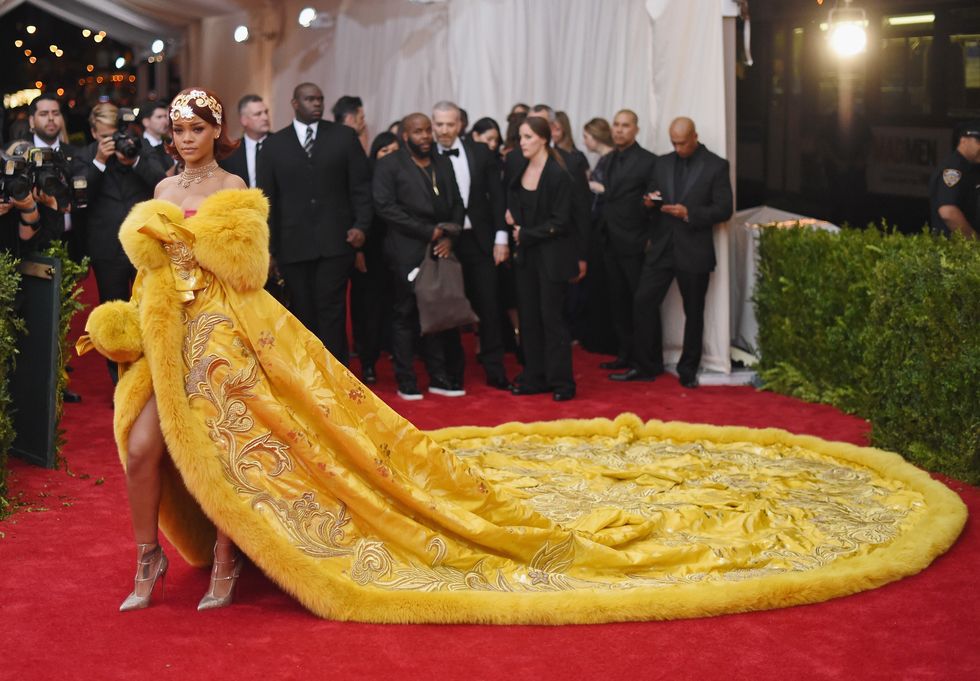 new york, ny   may 04  rihanna attends the china through the looking glass costume institute benefit gala at the  metropolitan museum of art on may 4, 2015 in new york city  photo by mike coppolagetty images