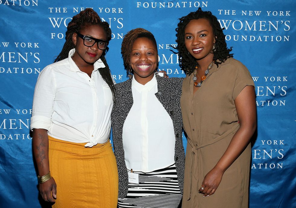 (L-R) Alicia Garza, Patrisse Cullors and Opal Tometi attend The New York Women's Foundation Celebrating Women Breakfast at Marriott Marquis Hotel on May 14, 2015, in New York City
