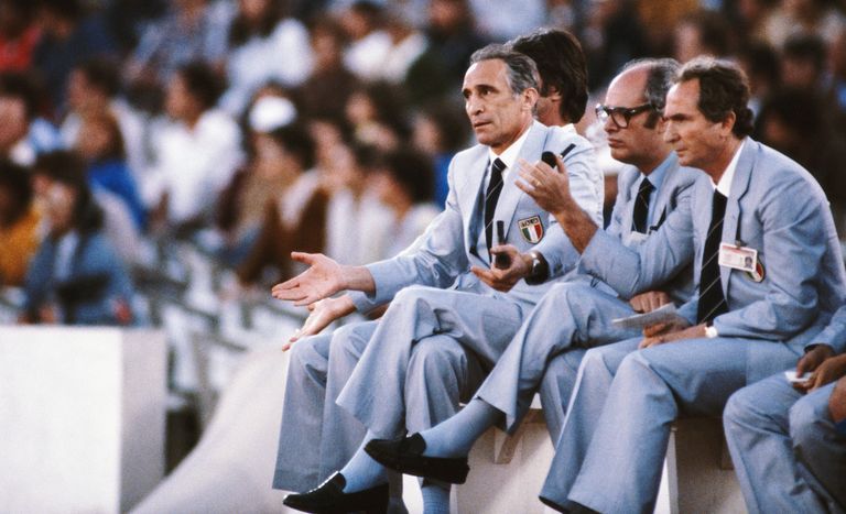 madrid, spain   july 01 italy manager enzo bearzot  l and his bench react during a match from the 1982 fifa world cup finals in spain, italy, led by bearzot won the tournament  photo by duncan rabanallsportgetty images