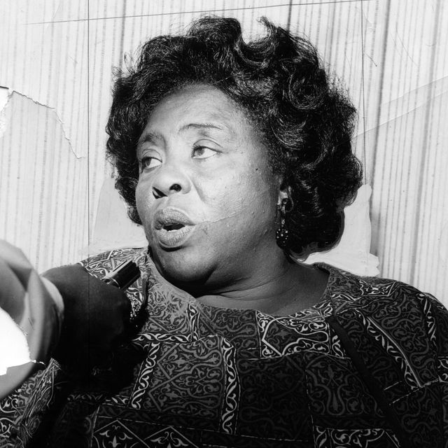 fannie lou hamer speaks into a microphone and looks to the left of the camera, she wears a patterned shirt and dangling earrings